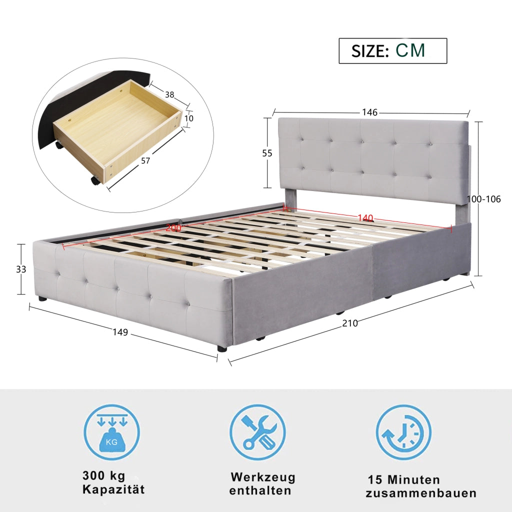 OKWISH Letto con Cassetti 140×200 cm, Letto Matrimoniale con 4 Cassetti, Testiera Imbottita e Doghe, senza Materasso, Grigio