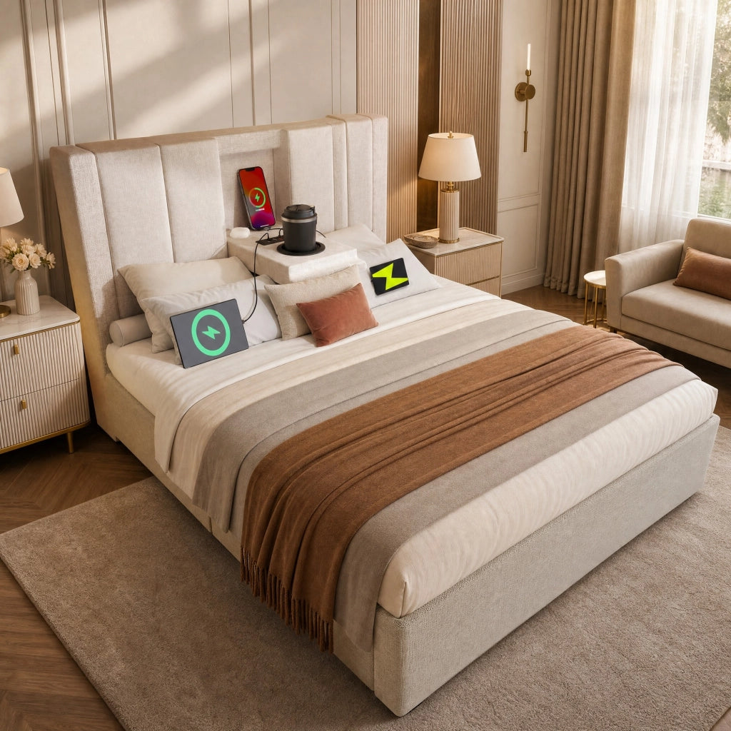 Letto imbottito 90x200 cm con porta bicchieri e stazione di ricarica, contenitore idraulico, beige, senza materasso