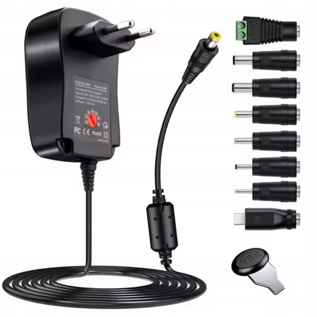 Alimentatore Universale AC/DC 30W – Tensione Regolabile 3-12V | 8 Connettori Inclusi | USB 5V