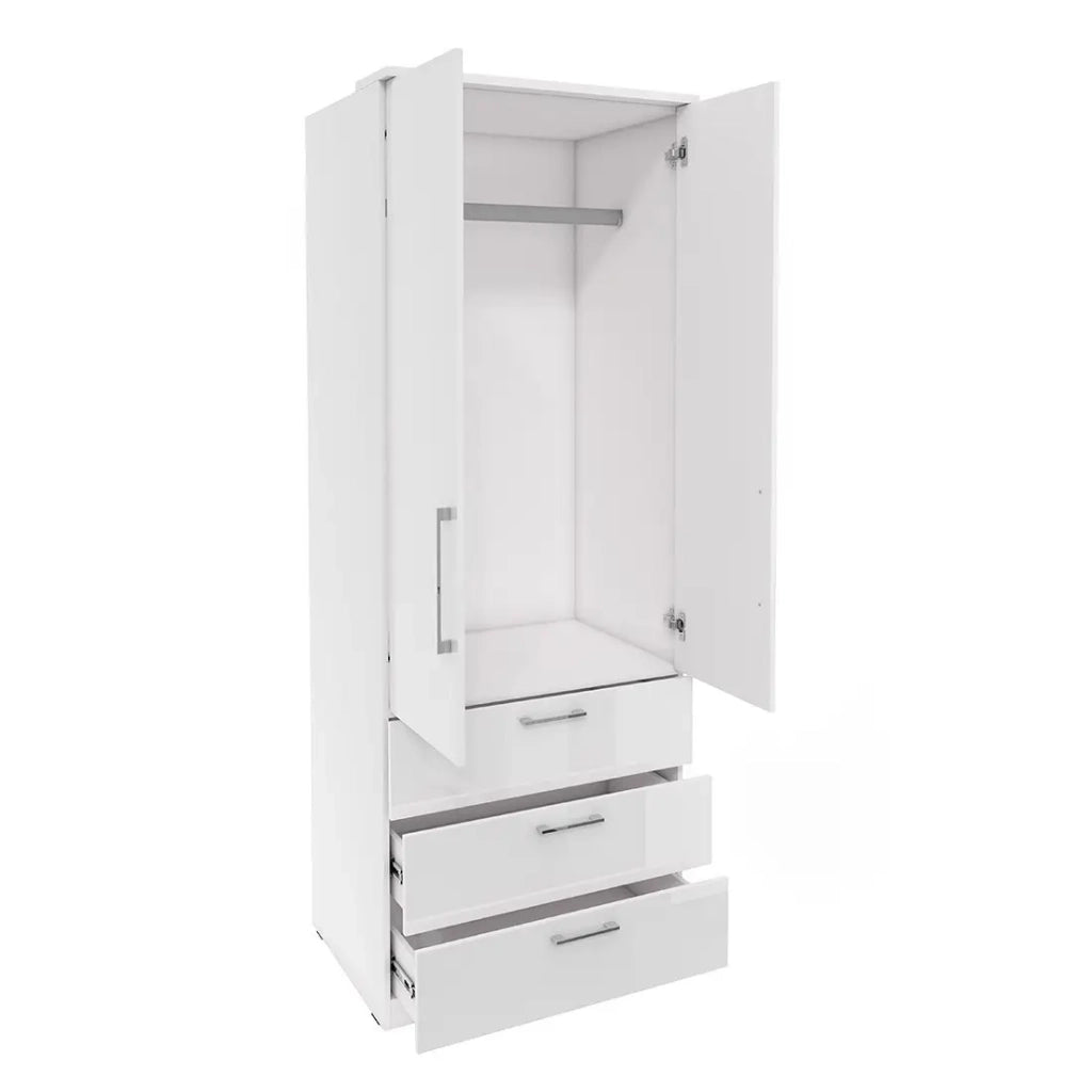 Cabina armadio completa collezione MODULO colore bianco con LED, pannelli di finitura e pacchetti di ripiani inclusi.