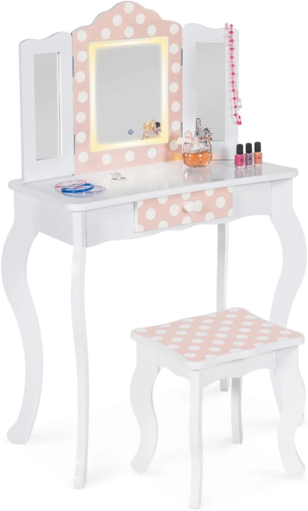 Tavolino per bambini a LED bianco e rosa ROZA con 3 specchi e sgabello