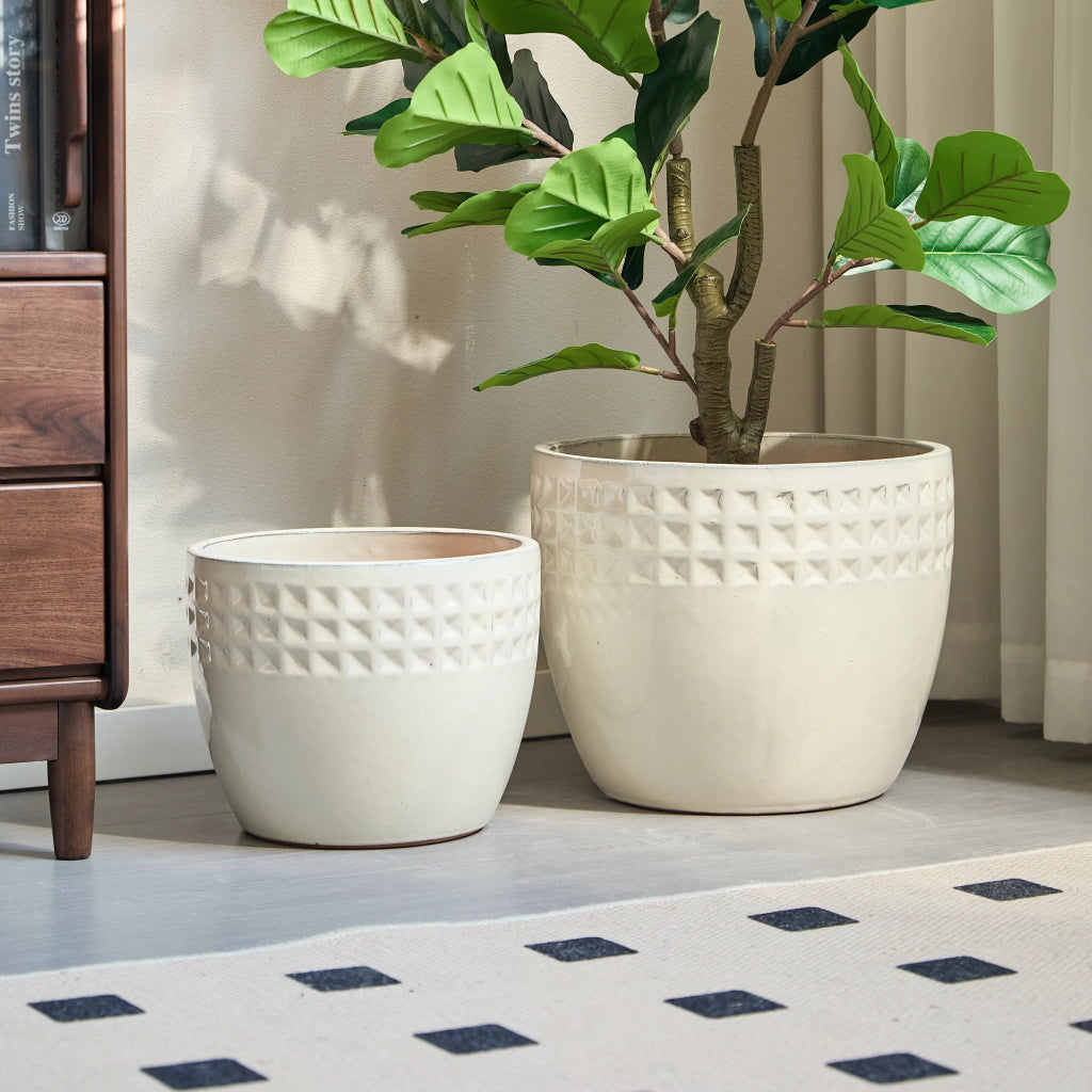 Fioriera a più livelli set di 3 vasi in ceramica con rilievo a nido d'ape per interno e balcone bianco crema
