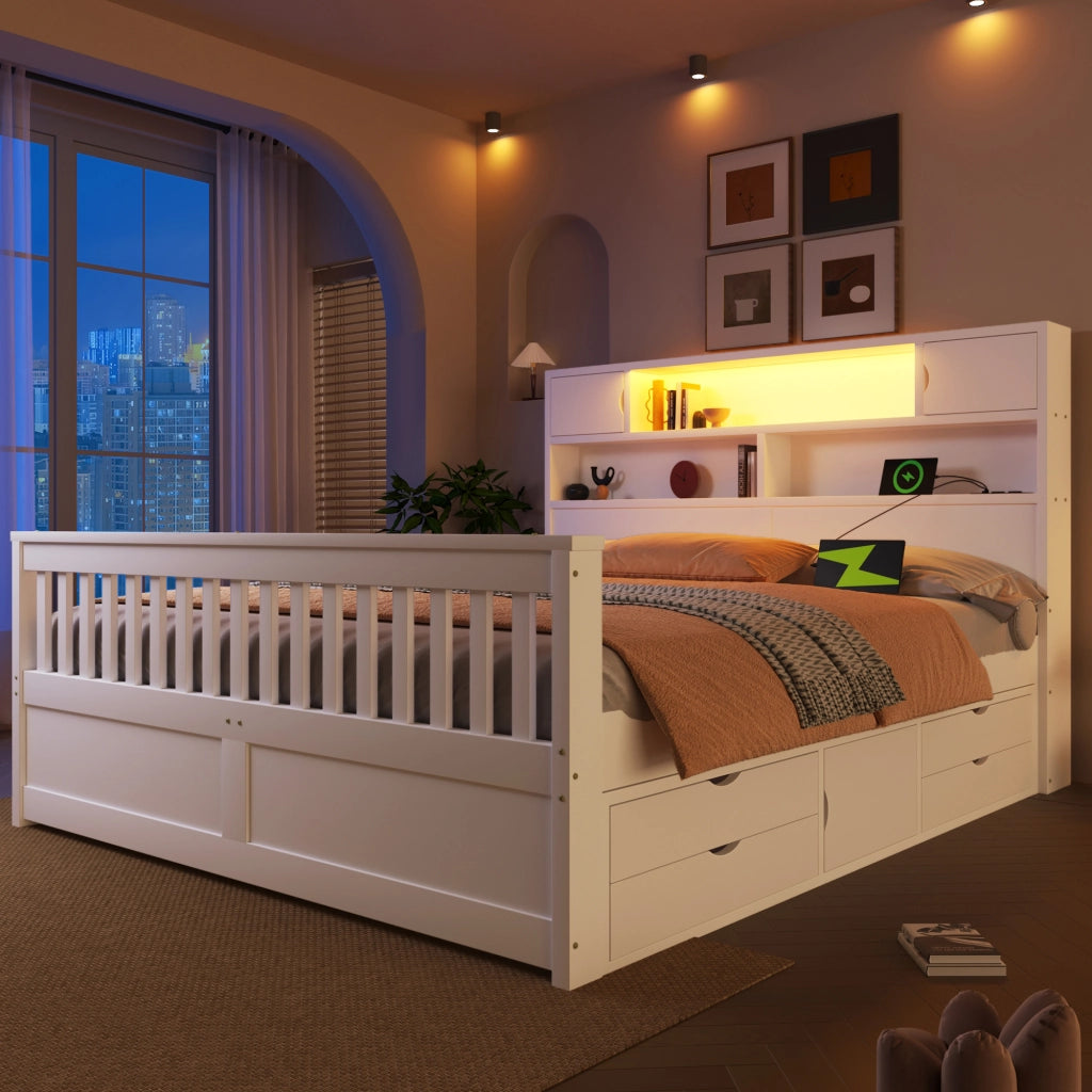 DESMIU Letto piattaforma 160 × 200 cm 2 posti con LED, USB, 4 cassetti, senza materasso, in MDF e compensato, bianco