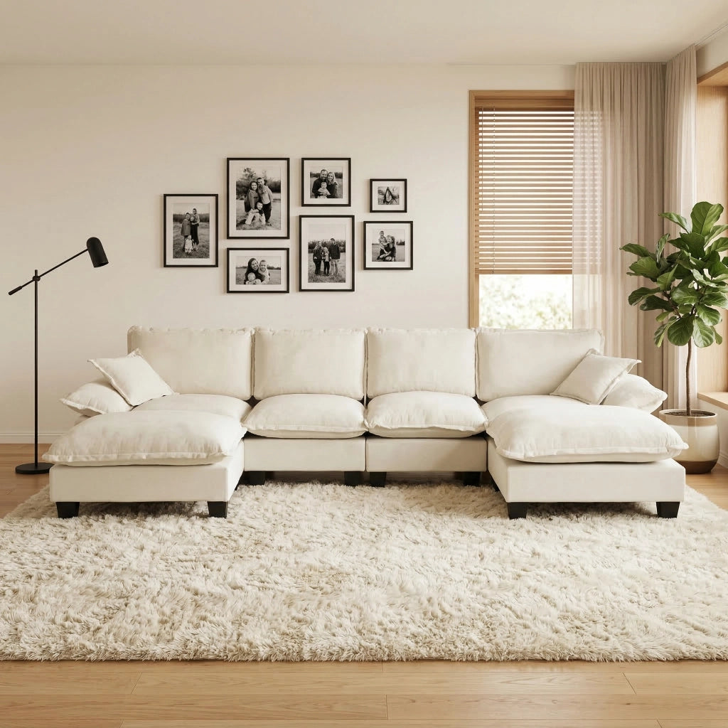 Divano angolare modulare 6 posti - con ottomana rimovibile e braccioli ampi - in chenille - beige