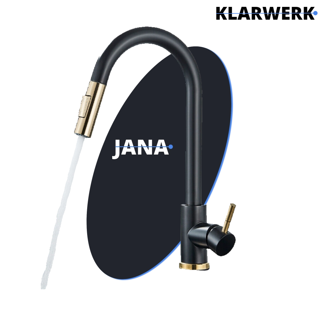 JANA | Rubinetto da cucina estensibile Premium in acciaio inossidabile oro nero | Miscelatore alto Bogo alta pressione ruotabile a 360° 2 attacchi