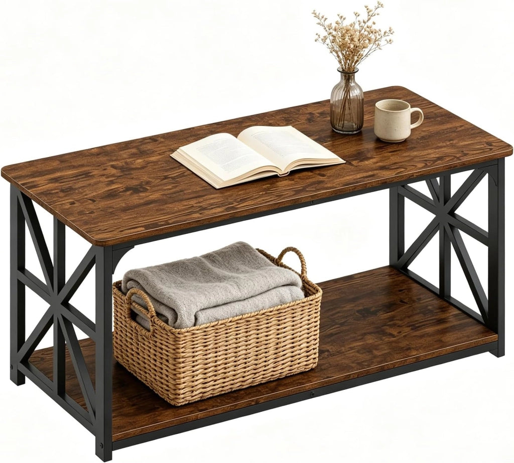 Tavolino Salotto a 2 Ripiani, Tavolino da Caffè 109 X 50 X 48 CM, in Legno e Acciaio, con Barre Rinforzate, Carico 100 KG, Stile Moderno, Montaggio Facile, per Soggiorno (Nero)