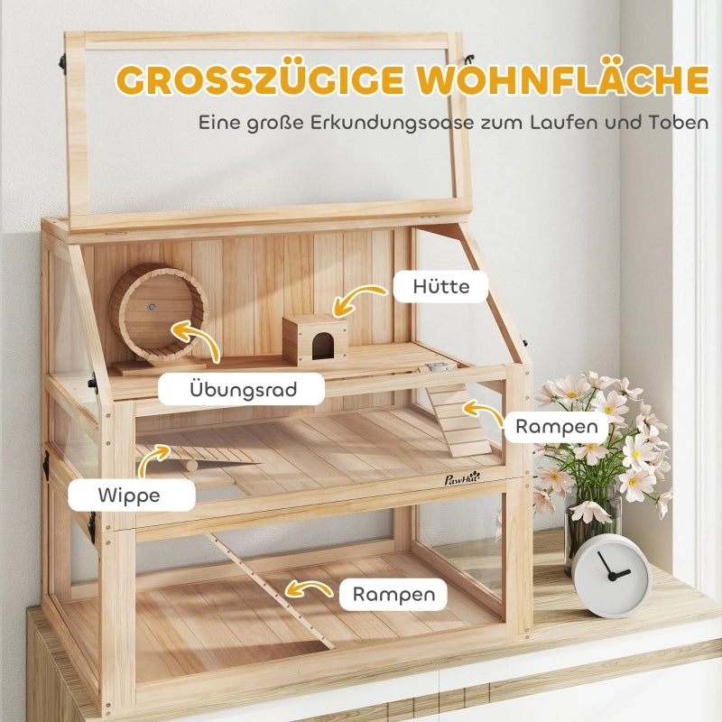 Scaffale a 3 livelli per piccoli animali con accessori, pannelli acrilici e apertura frontale in legno naturale 80 × 50 × 76 cm