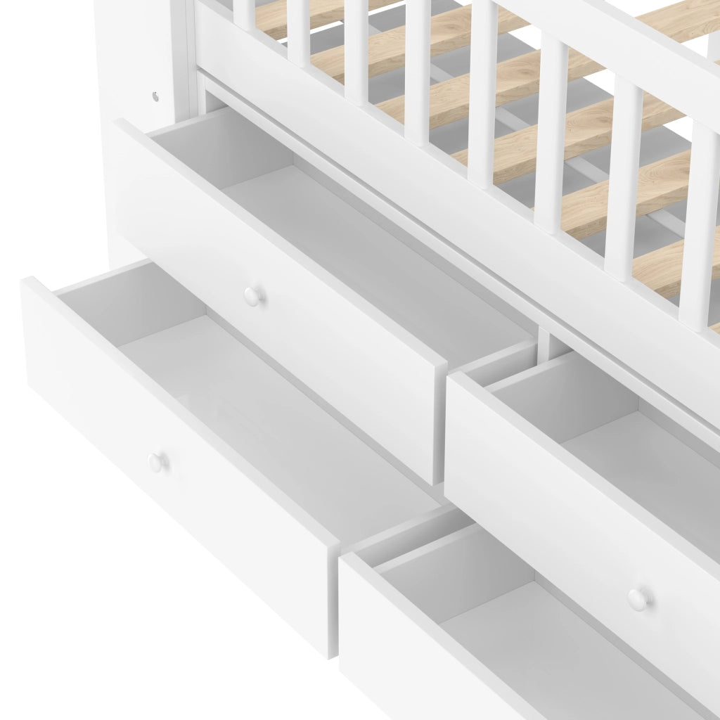 Letto a baldacchino bianco in pino con 4 cassetti LED e scala integrata 90x200 cm