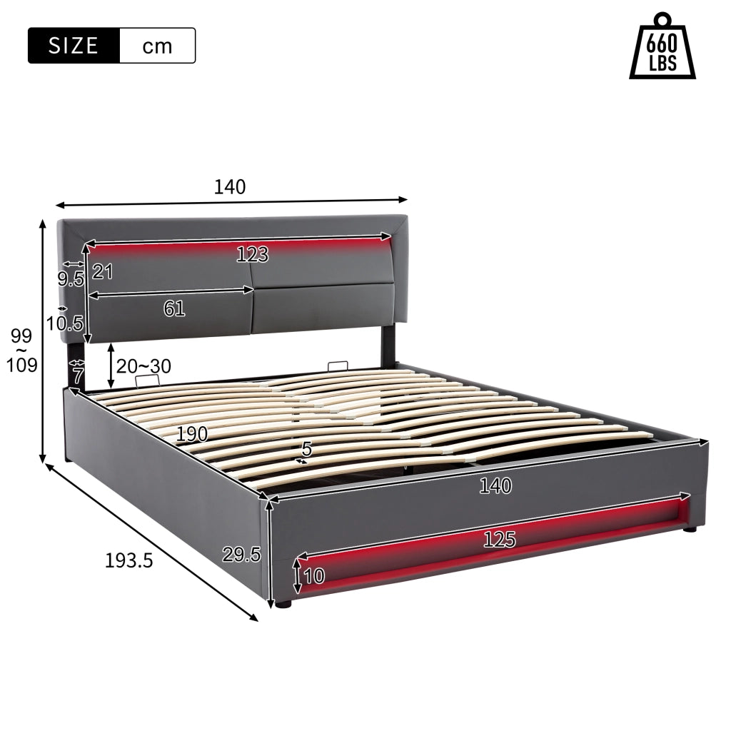Letti contenitori 140x190 cm USB e LED con contenitore PU grigio (Senza materasso)