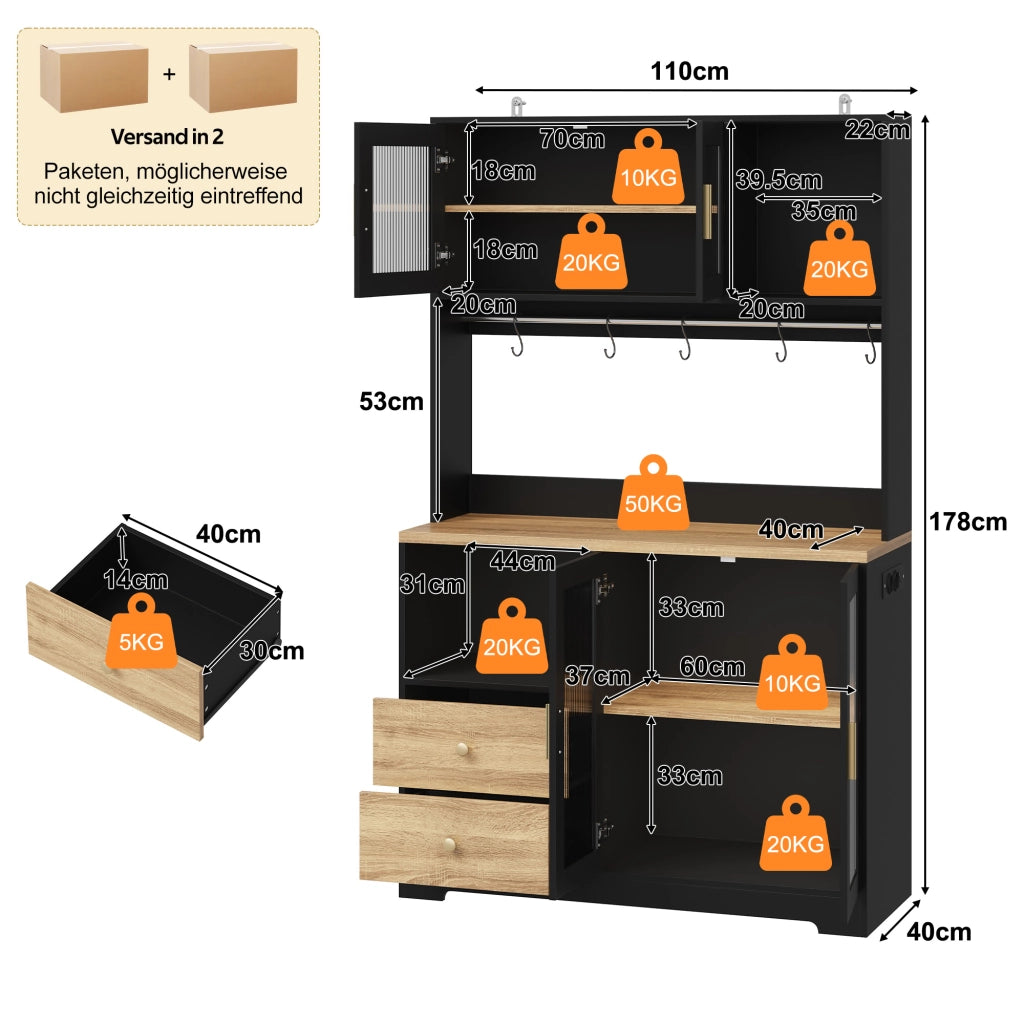 ARMADIO CUCINA Alto 110x40x178 cm MDF Nero con LED e vetri temperati