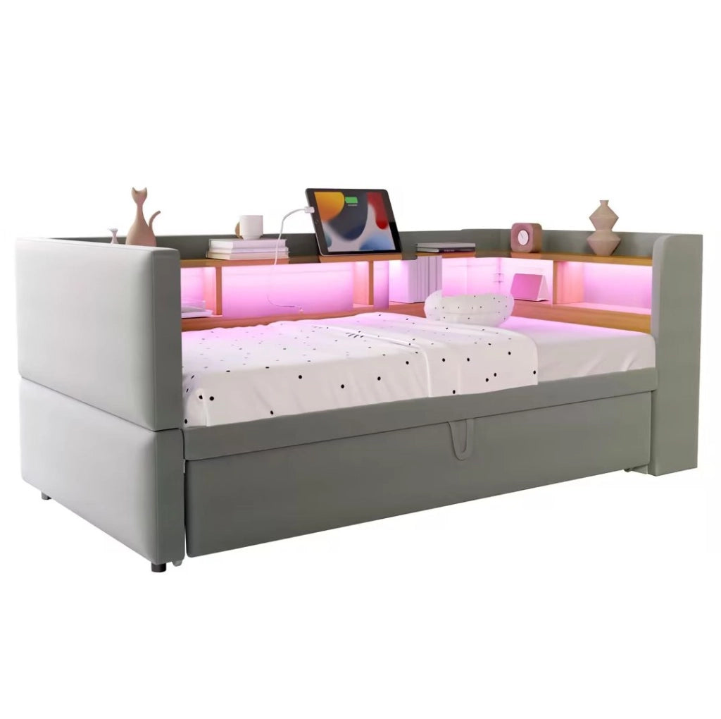 Divano letto estraibile 90/180x190 cm con LED; prese e vani portaoggetti; in flanella grigio chiaro
