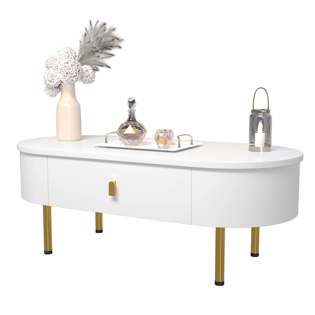 Tavolino da salotto con 2 Cassetti; Maniglie e Gambe dorate; Angoli Arrotondati; per Soggiorno; MDF; 108 × 50 × 40 cm