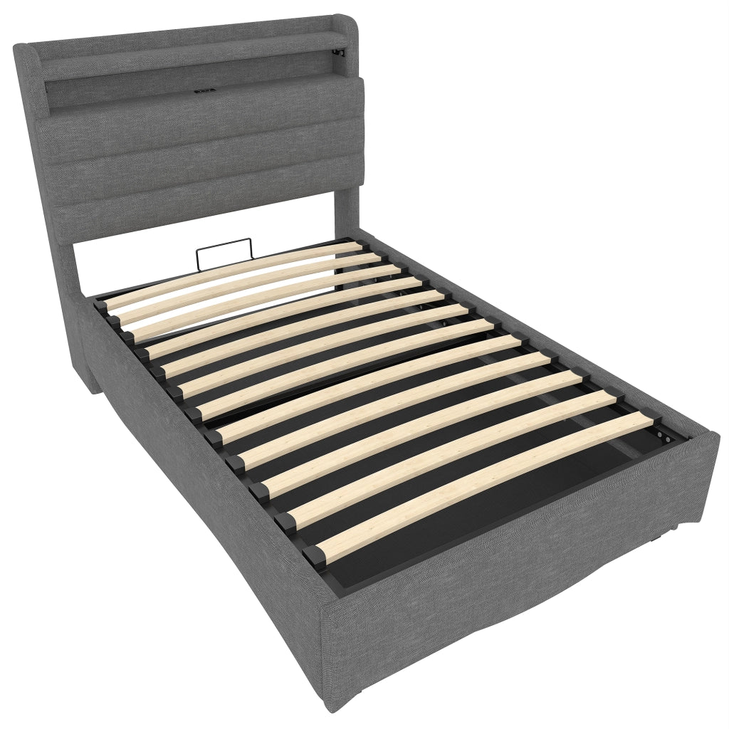 Letto imbottito 90x200 cm in lino grigio con LED, USB e Tipo-C, contenitore idraulico, senza materasso