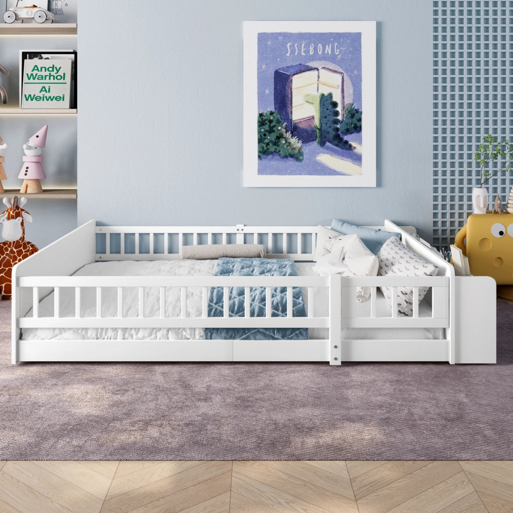 Letto per bambini 140x200 cm in pino bianco con ripiani e vano aperto