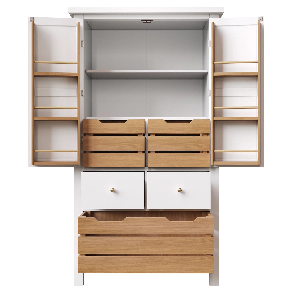 Credenza 80x40x140 cm con 5 cassetti; doppie ante e sicurezza antiribaltamento in MDF e PB bianco