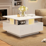 Tavolino da salotto 70x70x40 cm bianco lucido con 4 cassetti, LED controllato da app e struttura a 3 livelli