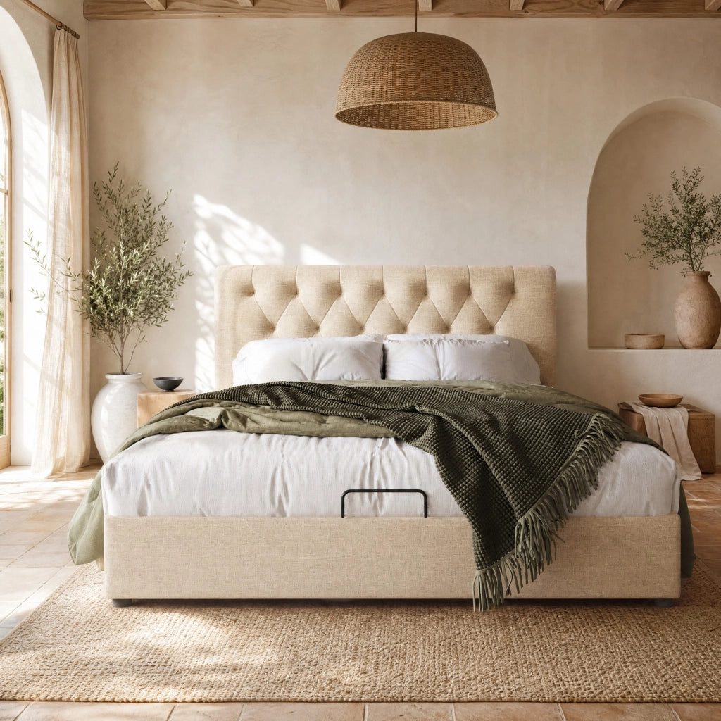 Letto imbottito 140x200 cm con contenitore e testiera regolabile