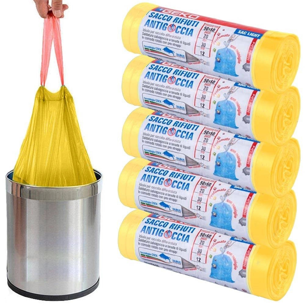 Trade Shop - 5 Rotoli Sacchetti Buste Spazzatura Profumati 45lt 50x60 Con Manici Giallo 100pz -