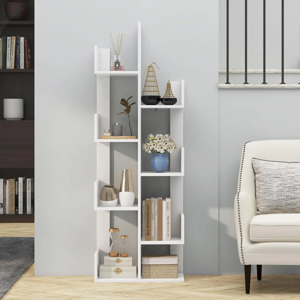 Scaffale Libreria a Albero, a 8 Livelli, Ideale per Soggiorno, Studio e Ufficio, Stile Moderno, Nero/Bianco/Marrone, 50x24,5x145 cm (Bianco)