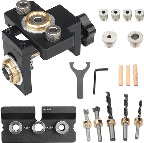 Kit di foratura a 3 in 1 per foratura a pozzo con clip di posizionamento guida a spinta regolabile per diametri 6/8/10/12/15 mm per lavorazione del legno con punteria di foratura