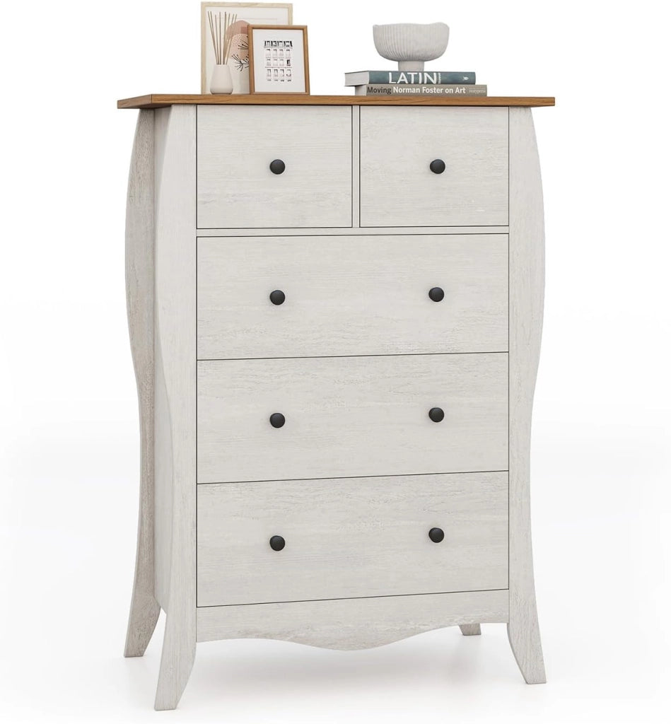 Cassettiera a 5 Cassetti in Tessuto, Cassettiera per Camera da Letto in Legno Rustico, Cassettiera Cameretta Salvaspazio per Soggiorno, Corridoio, Cucina, 67,5 x 38,5 x 97 cm (Grigio)