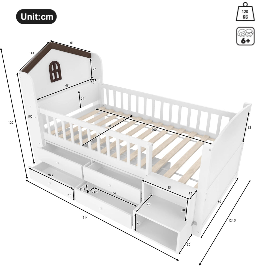 Letto a soppalco 90x200 cm con LED e spazio portaoggetti in legno bianco