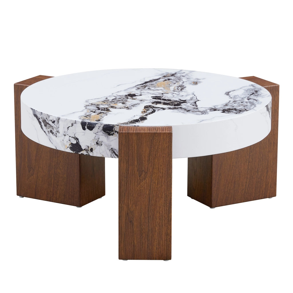 TAVOLINO DA CAFFÈ Set da 2 pezzi rotondo MDF effetto noce bianco marmo vetro