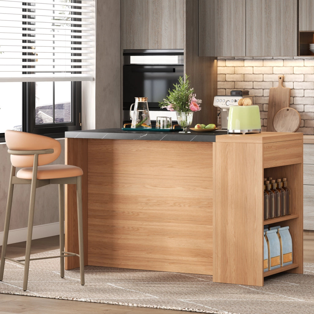 Isola cucina 140x60x90 cm con ampio spazio contenitivo; piano robusto in MDF nero e naturale