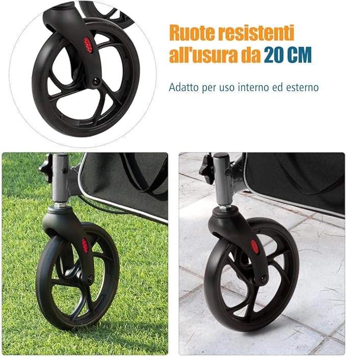 Deambulatore Pieghevole per Anziani Ultraleggero, con Sedile Borsa da Spesa e 4 Ruote Freno a Mano, Rollator Altezza Regolabile, Capacità 136kg, Lega di Alluminio, Nero (Grigio)