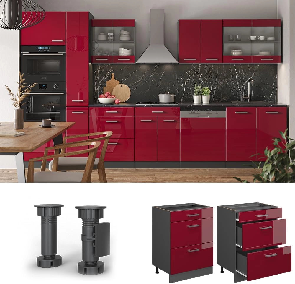 Mobiletto base per cucina R-Line, Rosso lucido, 60 cm con cassetti, senza piano di lavoro, per la libera combinazione all'interno di sistemi cucina modulari