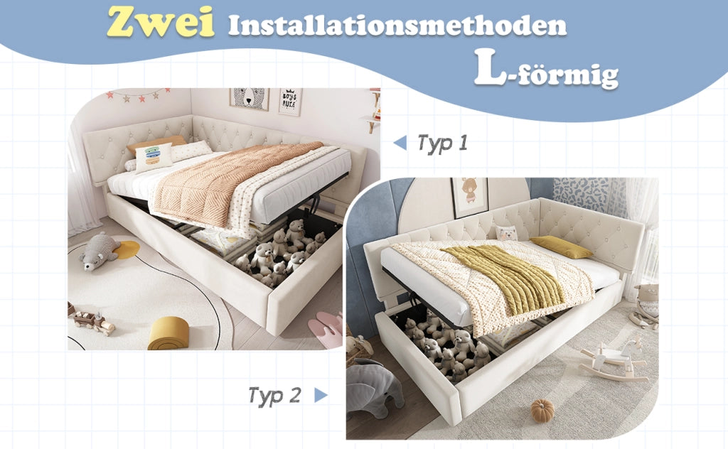 DESMIU Letto divano 90 × 200 cm 1 posto con contenitore idraulico e materasso non incluso, in velluto, beige