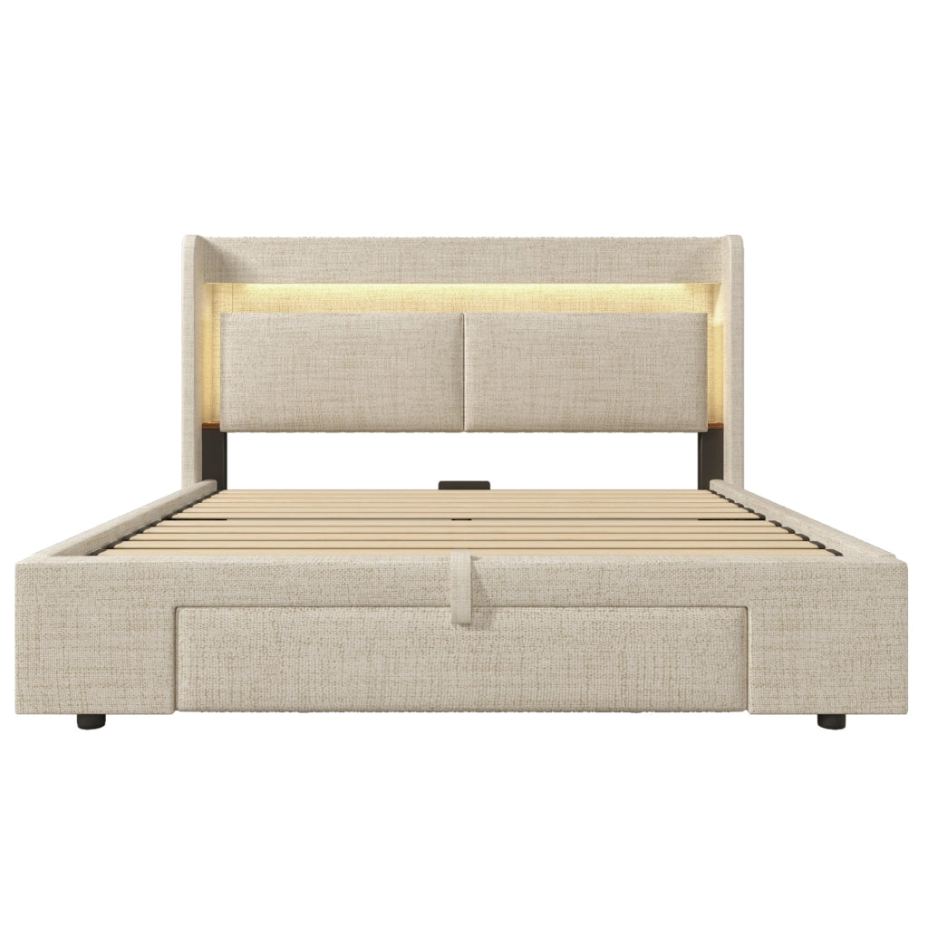 Letto matrimoniale 160x200 cm con contenitore idraulico; LED; USB e USB-C; lino beige