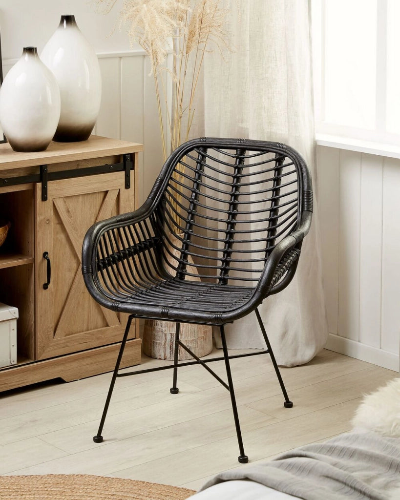 Poltrona Rattan Vimini Nero Gambe in Metallo Nero Soggiorno Sala da Pranzo