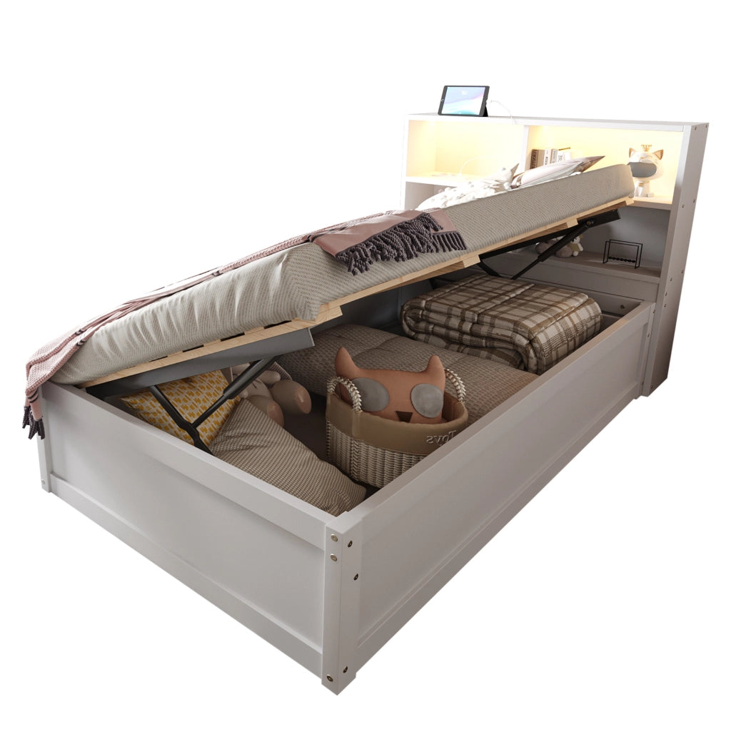 Letto multifunzione 90x200 cm con presa integrata; LED e 4 vani contenitore; bianco