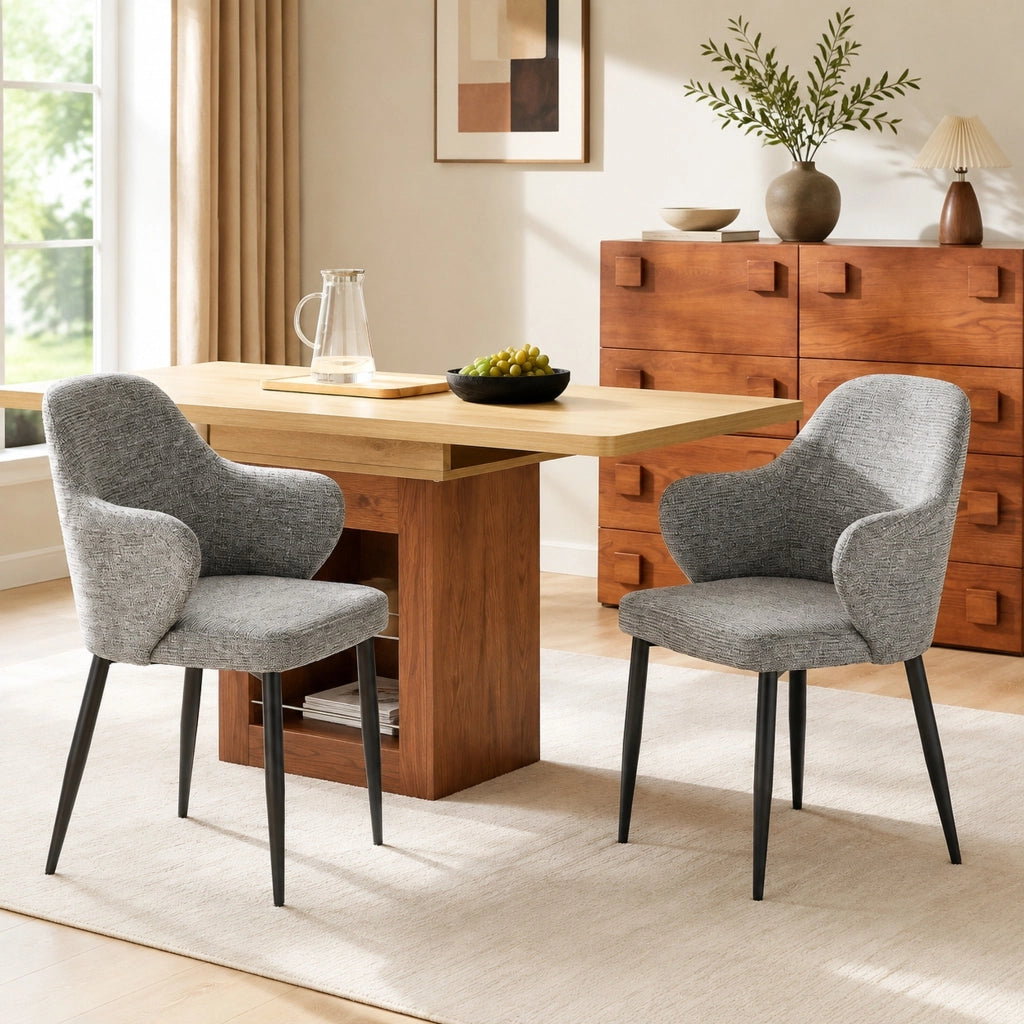 Set di 2 sedie da pranzo 83 cm con schienale avvolgente in tessuto e metallo; grigio e nero