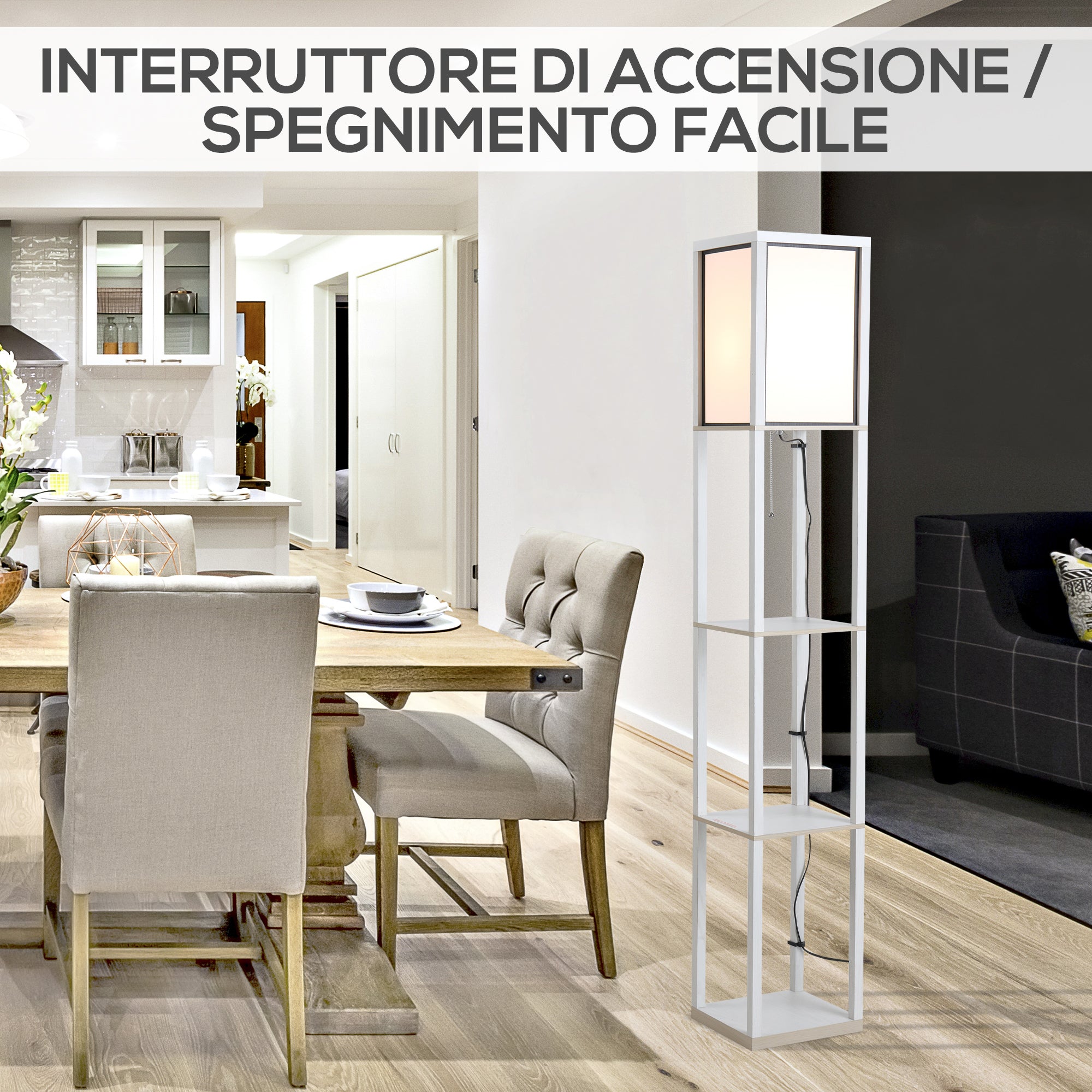 Lampada da Terra con Attacco E27 26x26x160 cm con 3 Mensole e Interruttore a Pedale in MDF e Tessuto Bianco