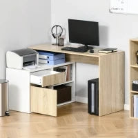 Scrivania Angolare, Scrivania ad Angolo per Computer da Camera o Ufficio, Scrivania Salvaspazio in Legno, Rovere e Bianco
