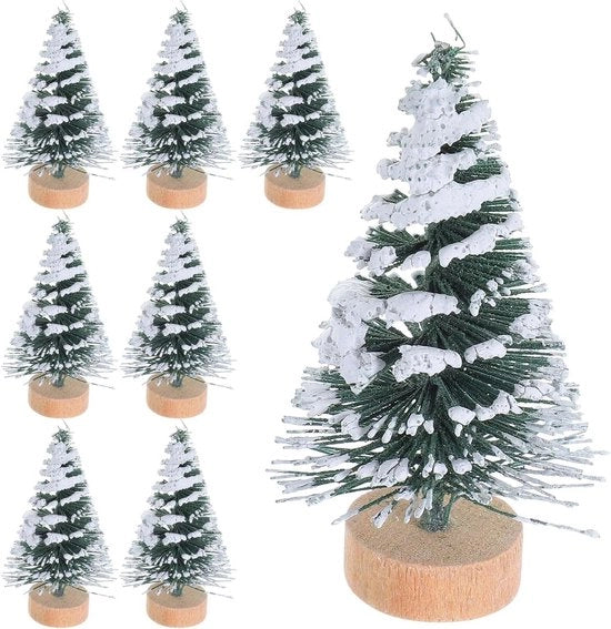 Albero di Natale Miniaturo - 10 pezzi Fusto di Neve con Base in Legno per Decorazione di Natale Inverno