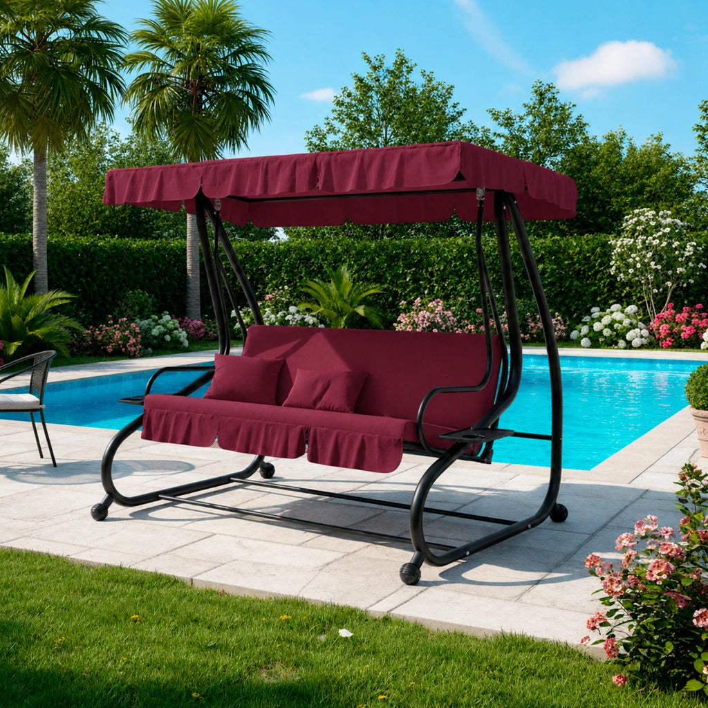 Dondolo Da Giardino 3 Posti Schienale Regolabile Tetto Ombreggiante Cuscinatura Comfort Imbottita Convertibile In Letto Per Esterno Balcone Patio 200 x 120 x 160 Cm Bordeaux