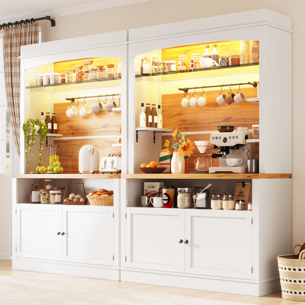 Credenza alta da cucina con LED RGB; ripiano in vetro e 6 ganci; set da 2; 107 × 34 × 184 cm