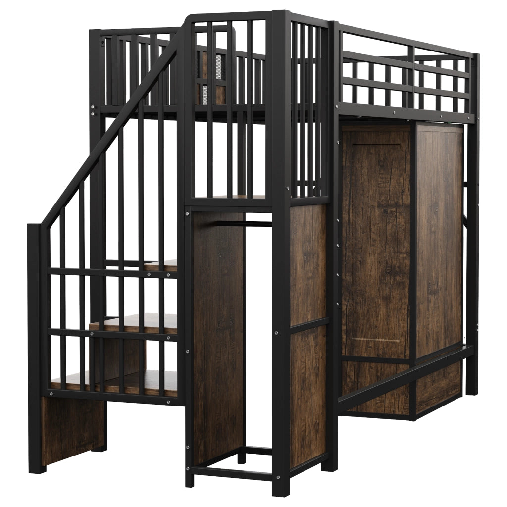 OKWISH Letto a Soppalco 90×200 cm, Letto Singolo con Armadio, 2 Cassetti, Mensole e Scala Contenitore, senza Materasso, Metallo e Legno, Nero