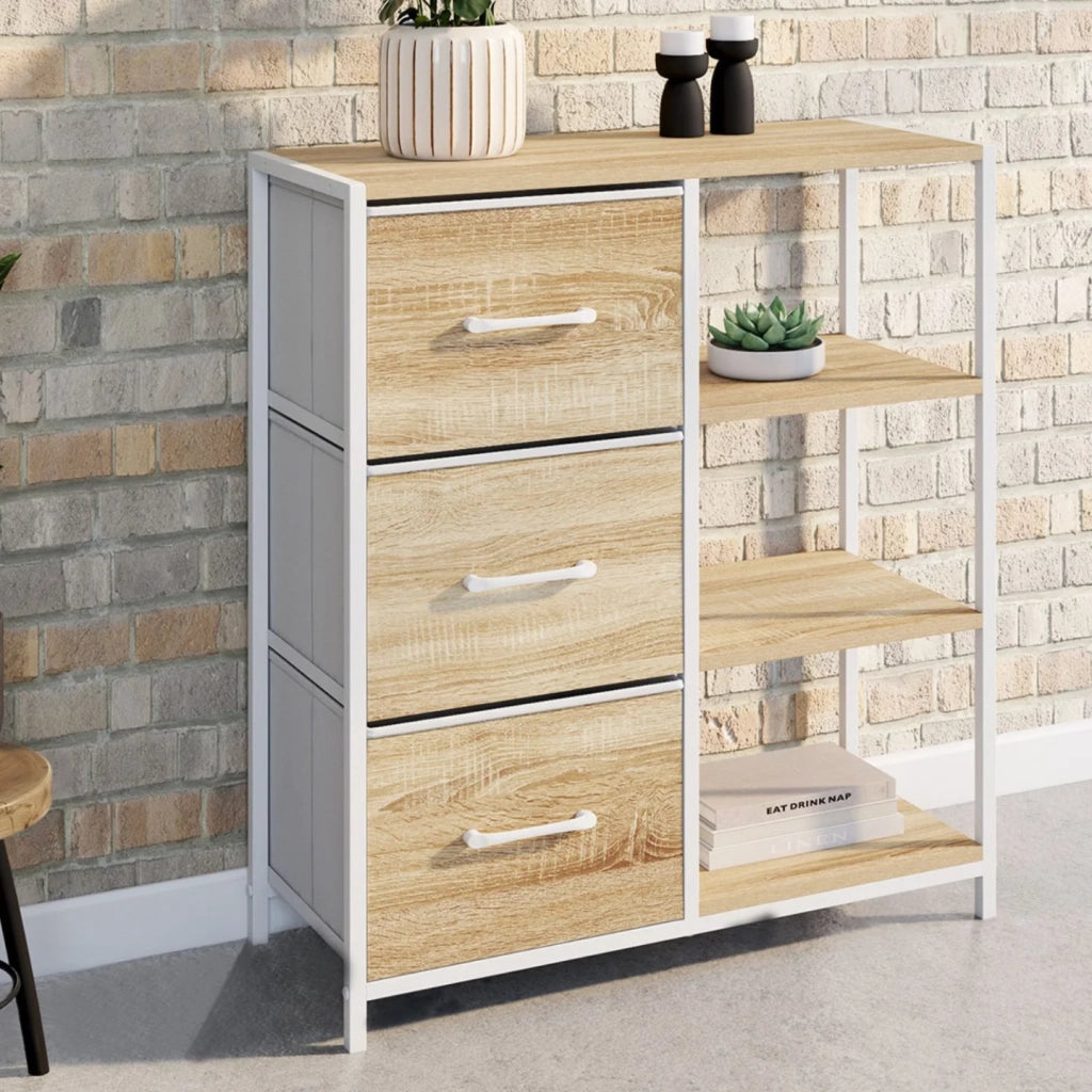 IDMarket - UTAH Credenza a 3 cassetti con ripiani, 70 cm, design industriale in legno e bianco