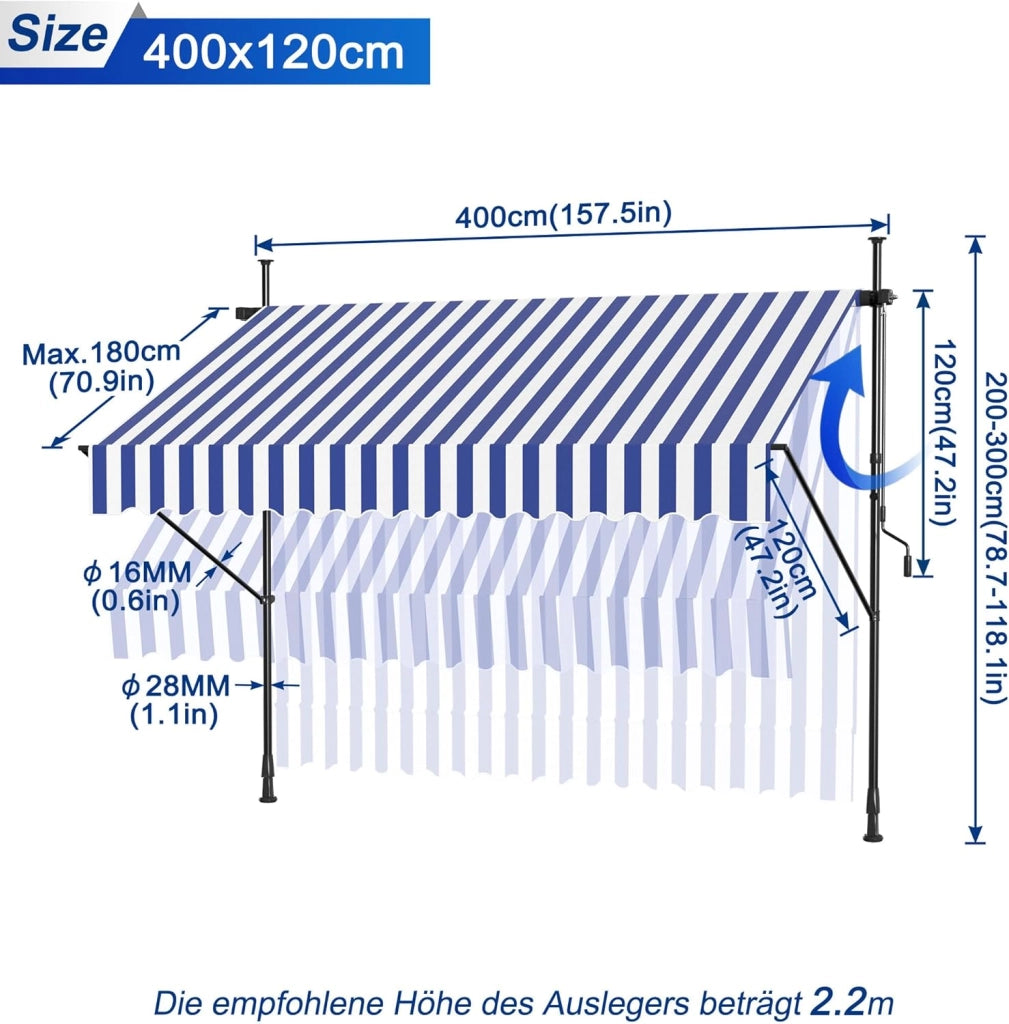 Tenda da sole da balcone, larghezza 400 cm, senza foratura, con manovella, regolabile in altezza, protezione solare resistente alle intemperie, 400 x 120 cm, strisce blu