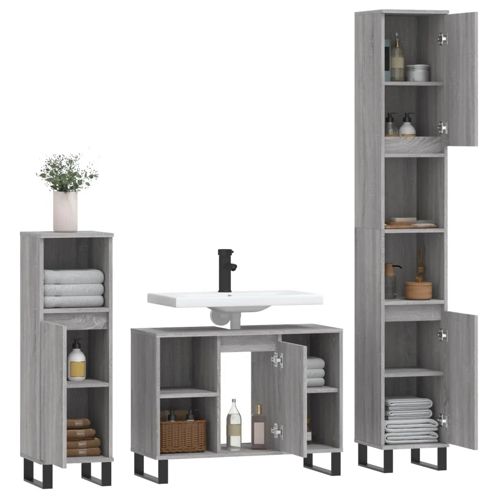 Set Mobili da Bagno 3 pz Grigio Sonoma in Legno Multistrato 3190313
