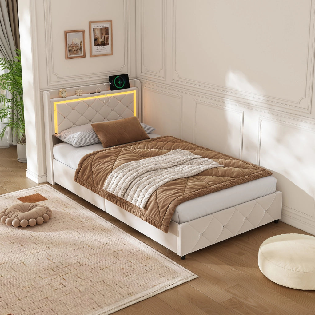 Letto singolo contenitore 90x200 cm in velluto beige, testiera trapuntata con luci RGB‑LED, controllo app e telecomando, sistema di sollevamento idraulico, senza materasso