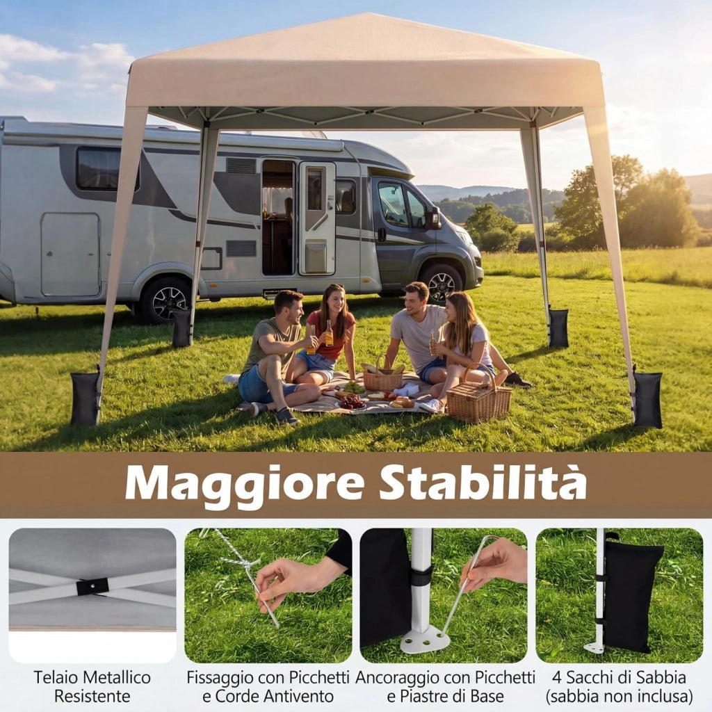 Gazebo da Giardino 3 x 3 M, Tendone Parasole con Telo Impermeabile e Resistente, Sacchi di Sabbia, Pieghevole, Portatile e Altezza Regolabile, per Esterno, Mercati, Fiere e Campeggio (Beige)