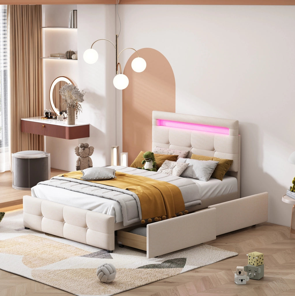 Letto singolo imbottito ULEVR 90x200 cm con LED, 2 cassetti e testiera regolabile, beige