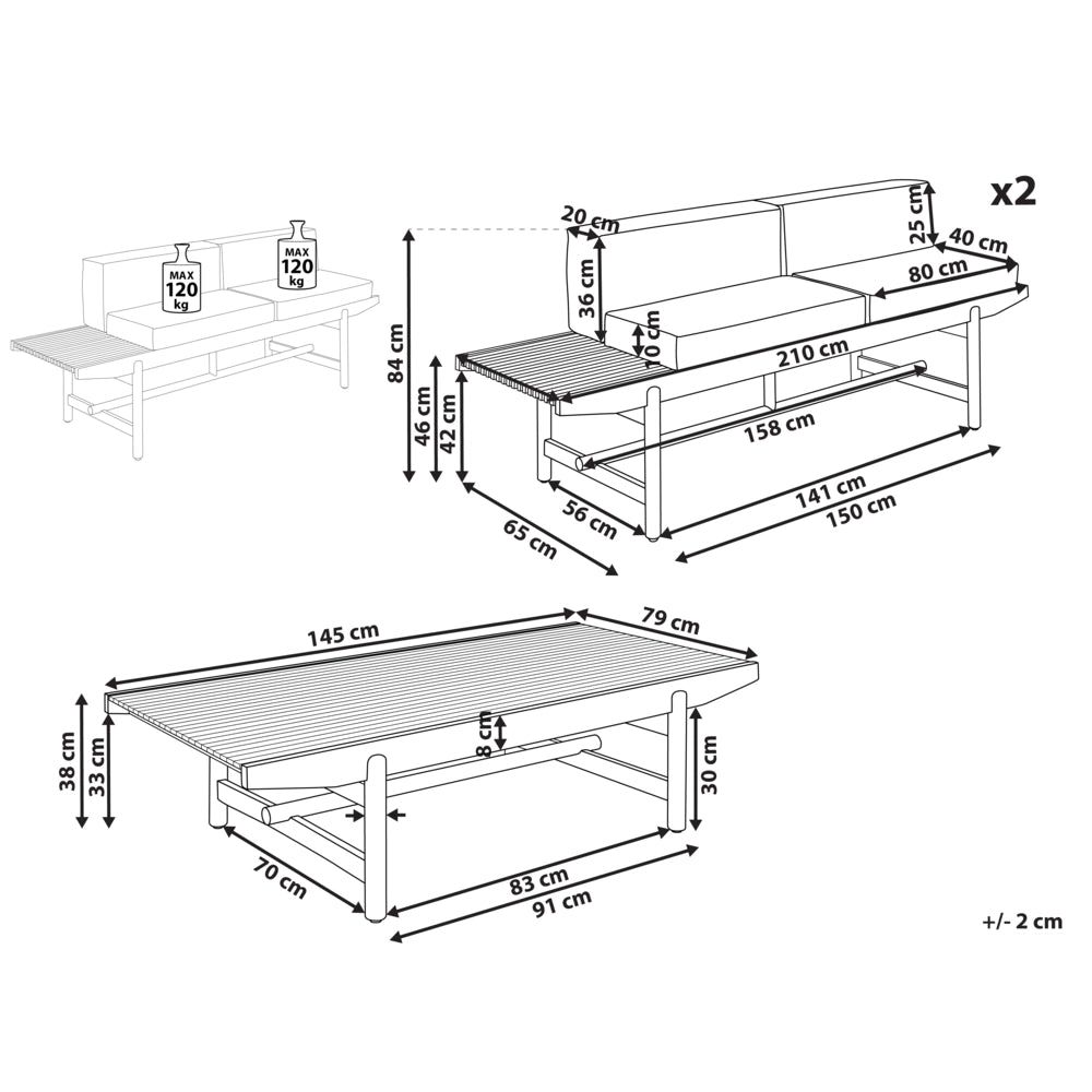 Set di divani da giardino Cuscini bianco sporco Legno di acacia Rustico per esterni 4 posti con tavolino