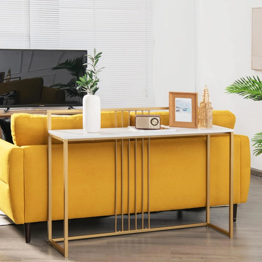 Tavolo Consolle in Marmorizzato Oro, Tavolino da Corridoio Struttura in Metallo, Tavolino da Salotto Design Moderno e Sottile, 120 x 30 x 88 cm (Bianco+Oro)