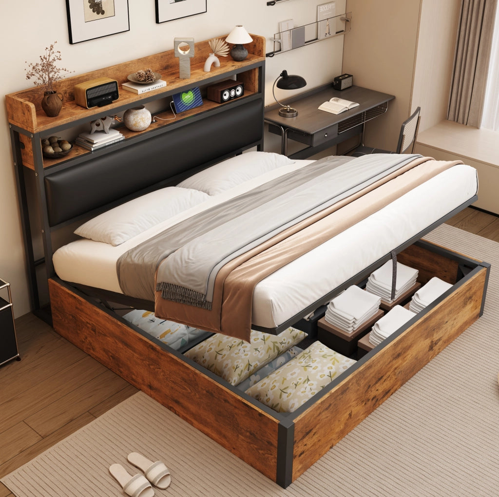 Letto 180x200 cm con contenitore; USB e testiera imbottita in metallo; MDF e tessuto nero